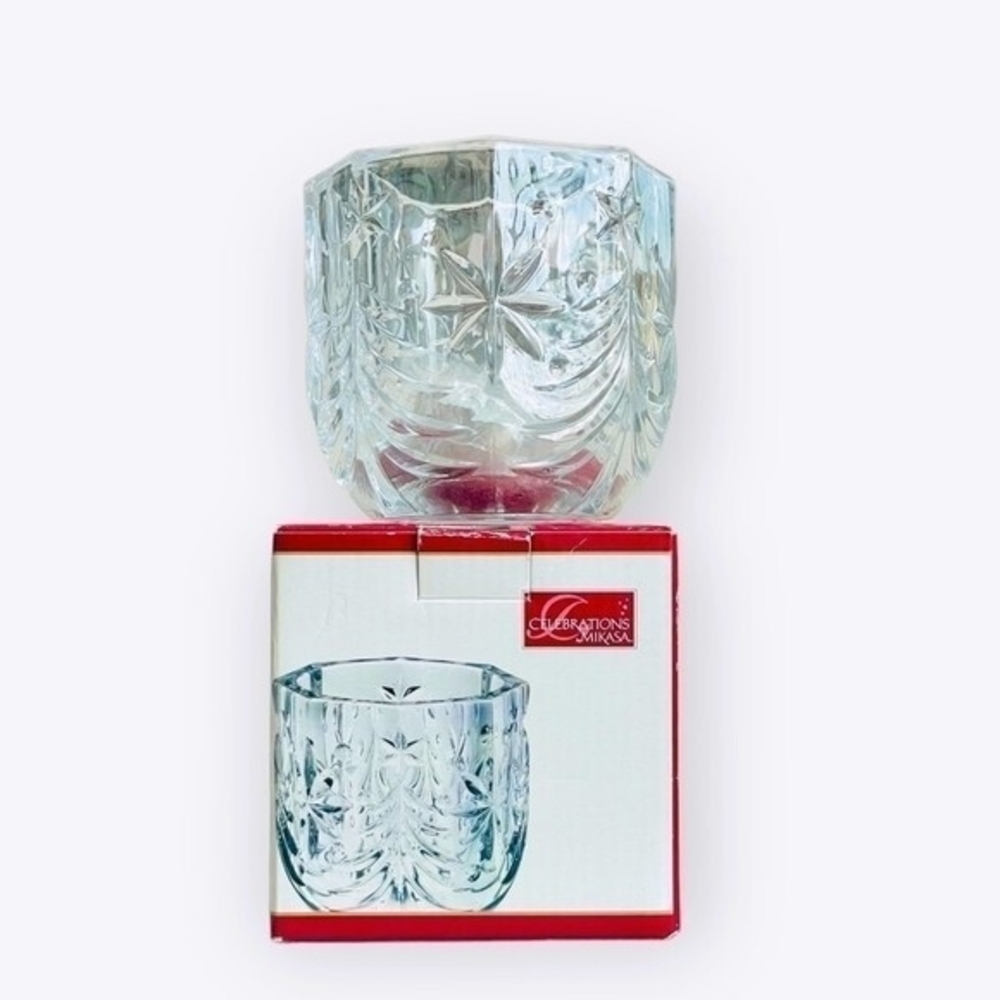 Mikasa Christmas Night Crystal Votive Candle Holder Tree Pattern Japan 3.5" NIB